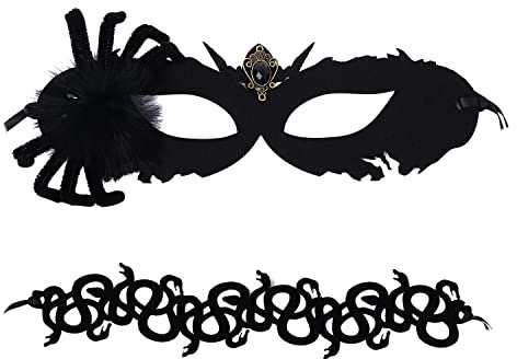 JewelryWe Schmuck 2pcs Spinnenmaske Choker Halskette Set Damen Schwarz Gothic Spitze Maskerade Spinne Augenmaske Venezianische Maske Schlange Halsband Kropfband Kette Kostüm für Halloween Cosplay