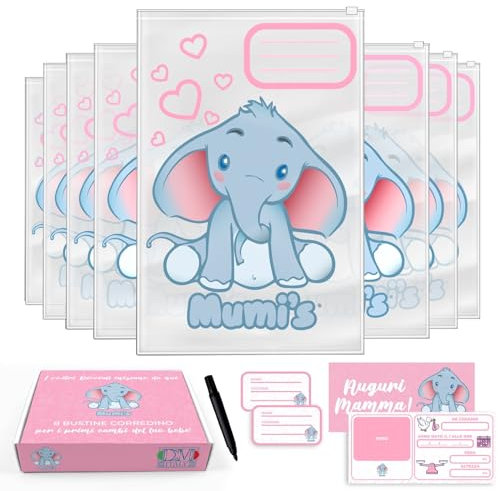 Mumi's bustine corredino neonato ospedale con elefantino, 8 bustine 38x25 per cambi e accessori, con etichette cartolina dei ricordi e pennarello inclusi IDEA regalo per nuove mamme(rosa)