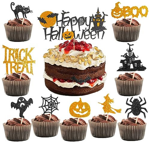HOWAF 21pcs Halloween Cake Toppers, Halloween Cake Topper Halloween Toothpick Halloween Cupcake Toppers Bat Spider Pumpkin Cake Toppers Happy Halloween Cake Decoration for Halloween Party Decorations