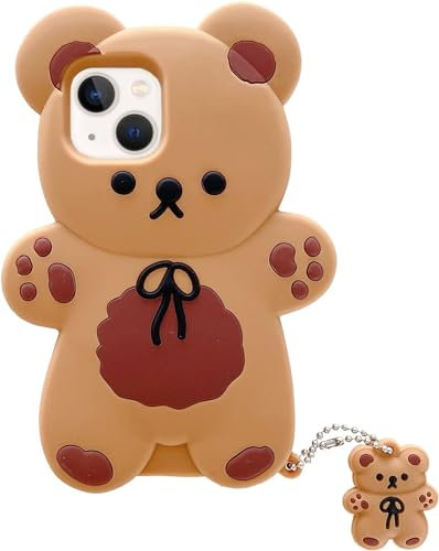 Yatchen Bear Case Compatible with iPhone 15,Kawaii Phone Cases Cute 3D Cartoon Teddy Bear with Keychain Women Girls Soft Silicone Shockproof Cover for iPhone 15