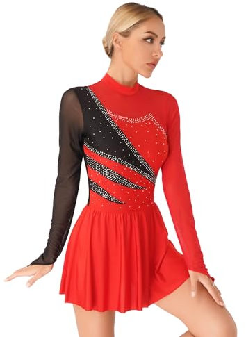 Agoky Damen Eiskunstlauf Kleider Langarm Tanzkleider mit Glitzer Streifen Mesh Spleiß Turnanzug Stehkragen Gymnastikanzug mit Tutu Rock Slip Dancewear Rot M