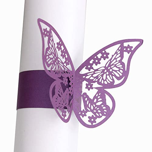 ihreesy 50 Stück Serviettenhalter Schmetterling Ring, 3D Schmetterling Papier Serviette Schnalle Halter Hochzeit Tischdeko Streudeko Serviettenschnallen Papierhalter Tischdekoration,Dunkel Lila