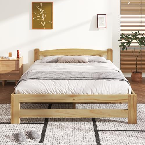 KecDuey 140x200 cm Doppelbett,Solide Massivholzbett Futonbett, Massivholz Natur Bett mit Kopfteil und Lattenroste, Jugendbett, Erwachsenenbett, Natur