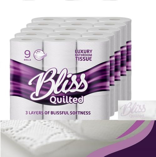 Bliss 3 PLY Toilet Rolls Soft Unscented Quilted Loo Toilet Tissue Paper Bulk Packs (White 3 - PLY)