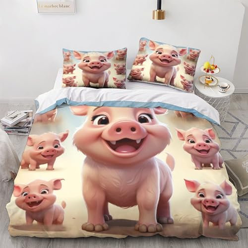 GEEYOU Cute Pig Bettwäsche Set Mikrofaser Schweinchen Bedding Set Reißverschluss Bed Linen Sets Farbig Bettbezug Waschbar Steppdeckenbezug Für Jungen Und Mädchen King（220x240cm）