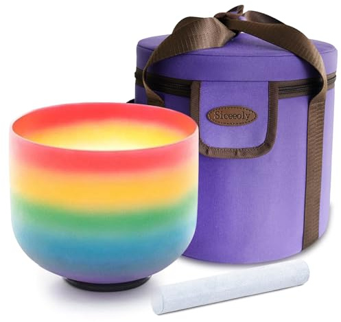 Siceeoly Klangschale, 20,3 cm, C-Note, 432 Hz, Regenbogenfarben, Wurzelchakra, farbiger Quarz, mattiert, Kristall, Meditationsschale, Yoga, Musikinstrument mit Tragetasche, Wildlederhammer, O-Ring