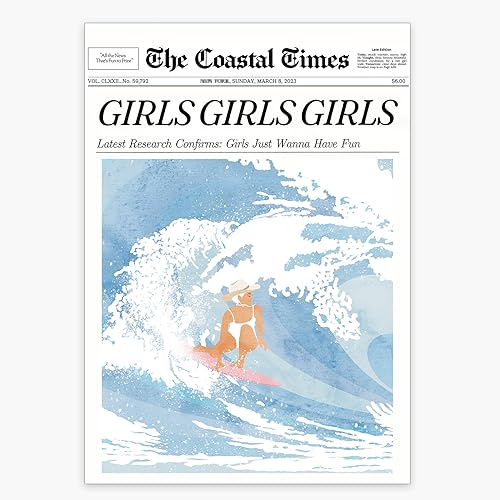 UNXIS Poster mit Surf-Zeitung, Vintage-Stil, Cowgirl, Wandkunst, Surfbrett-Gemälde, adretter Strand, Leinwanddruck für Teenager, Mädchen, Zimmer, ästhetische Dekoration, 30,5 x 40,6 cm, ungerahmt