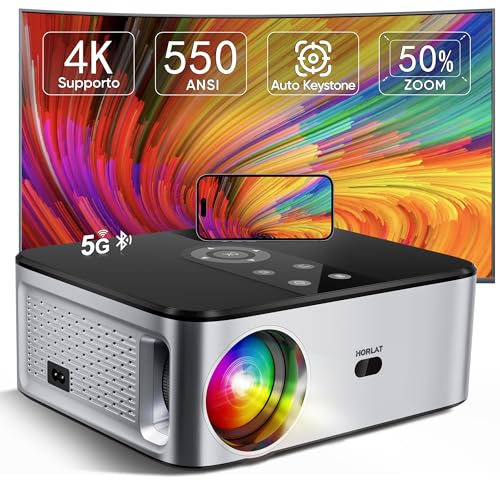 Proiettore【Android TV & Auto Correzione】 Horlat Proiettore Supporto 4K WiFi 6 Bluetooth, 25000 Lumen, Zoom 50%, Videoproiettore Home Cinema Compatibile con iOS/Android/TV Stick