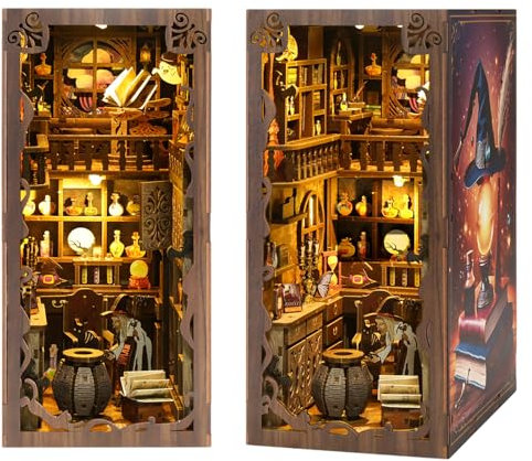 Book Nook DIY Miniatur Holzpuzzle: Booknook Puppenhaus Minihaus mit LED-Leuchten, DIY Holzpuzzle Book Nook Kit 3D Puppenhaus Buchstütze für Bücherregal Dekoration Kreative Geschenke(Magische Nacht)