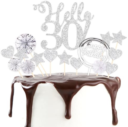 DazzJoy Kuchendeko 30 Geburtstag Frauen,30 Geburtstag Deko Silber,Tortendeko 30 Geburtstag Mann,Hello 30 Deko Torte,30. Geburtstag Deko Torte,Cake Topper 30 Geburtstag,Geburtstagsdeko 30