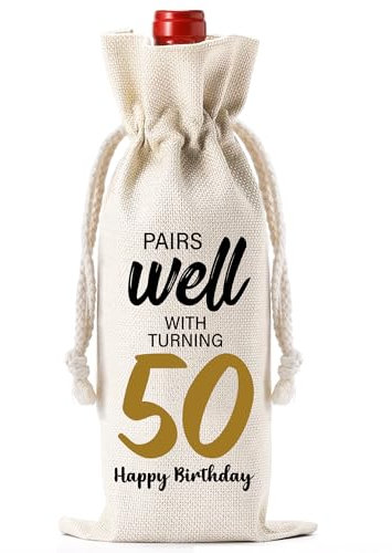 50th Birthday Wine Gift Bag - Happy Birthday Gift Drawstring Jute Bottle Bag Gifts Birthday Party Decorations for Women Men Best Friend Sister Brother Mum Dad Auntie Husband Wife Colleagues