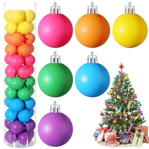 Simgoing Christmas Ball Ornaments - Neon Color Tree Decorations, Shatterproof Baubles, Plastic Holiday Hanging Balls for Xmas Party (48 Pcs, 1.57 Inch)