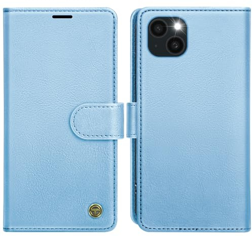AIMOYU for iPhone 15 Case, Flip Wallet Leather Phone Case with [4 Card Slots] [Kickstand] [RFID Blocking] Magnetic Protective Shockproof Cover for iPhone 15 Phone Case - Sky Blue