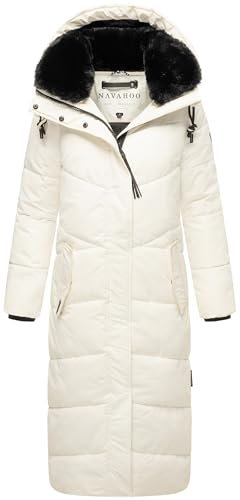 Navahoo Damen Wintermantel warmer Steppmantel extralang mit abnehmbarer Kapuze Hingucker XIV Off White Gr. XS