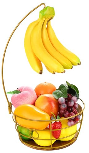 DIYZON Cesta de Frutas para Encimera con Colgador de Plátano, Moderno Cuenco de Almacenamiento de Frutas y Verduras, Adecuado para Encimera de Cocina