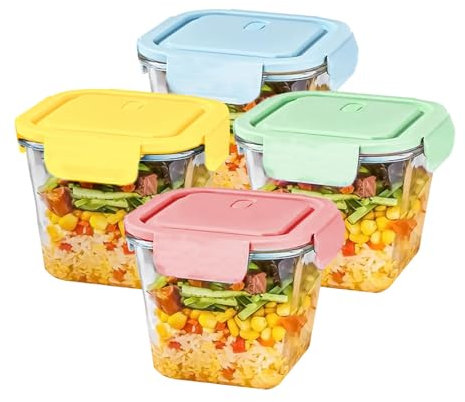 Eidoct 4 Pcs Square Glass Soup Containers, 850 ml Resistant Glass Food Storage Containers With Lids, Square Heat Glass Jars, Borosilicate Glass Leak-proof Soup Stew Food Storage and Meal Prep Bowls