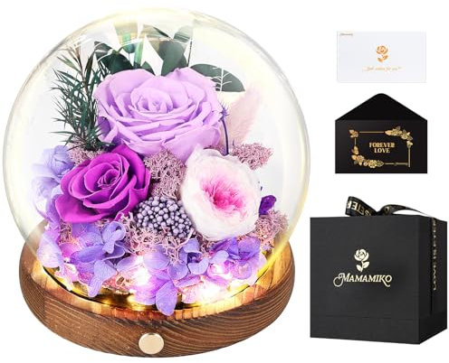 MAMAMIKO Rosa Stabilizzata Vera con Luci LED,Fiori Rose Eterna la Bella e la Bestia,Regalo per Lei,Idee Regalo San Valentino,Compleanno,Anniversario per Donna Fidanzata Mamma,Festa della Mamma(Viola)