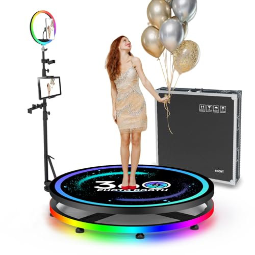360 Photo Booth,KI-Sprachsteuerung, RGB-Ringlicht und Lichtstreifen, APP-Fernbedienung, Verstellbarer Selfie-Stick – Unterstützt iPad, Smartphones, DSLR-Kameras – Flightcase (60CM)