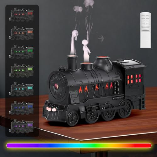 Train Humidifier with 7 Colors Light, 300ml Remote Control Cool Mist Quiet Aromatherapy Diffuser for Essential Oils, Steam Train Diffuser for Large Rooms, Bedrooms or Desks