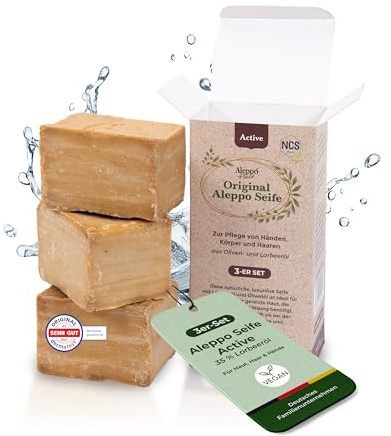 Aleppo Pure® Original Aleppo Seife Active Set 3 × 200g – 35% Lorbeeröl – Handgemachte Naturseife für Gesicht, Körper & Haar – Bio Olivenölseife ohne Zusatzstoffe – vegan & palmölfrei