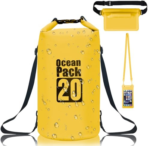 Gucass Dry Bag Wasserdichte Tasche 20 L, Wasserfeste Beutel Packsack mit Doppeltem Verstellbarer Tragegurt, Waterproof Bag Für Schwimmen Bootfahren Kajak Wassensport, mit Bauchtasche IPX8 Handyhülle