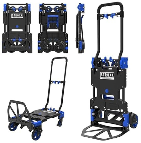 STROXX Handwagen 2-in-1 – verwandelbar in Sackkarre, bis 136 kg Tragkraft, kompakt & flexibel - für Umzüge, Getränkekisten UVM. – Transportkarre mit großer Ladefläche