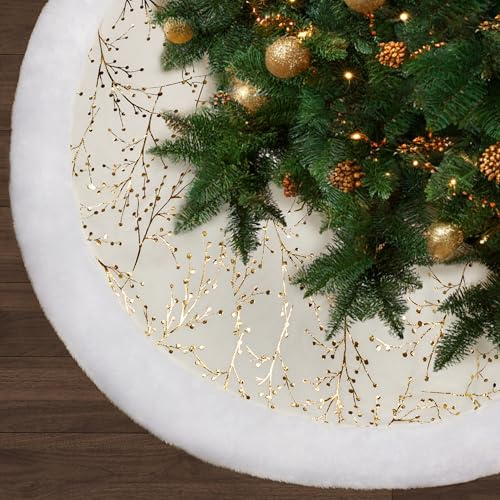 Weihnachtsbaumdecke 120 cm Extra Groß | EIN weicher weißer Weihnachtsbaumrock, verziert mit einem goldenen Astmuster | Christbaumdecke aus Plüsch für Baumständer | Weihnachtsdekoration für Zuhause