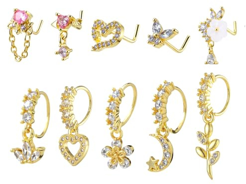 Yolev 10 Stück Nasenpiercing Gold, 20G Nasenpiercing mit Anhänger Septum Piercing Gold Baumelnder Nasenstecker Nase Nasenring Ring mit Zirkonia Nasenstecker für Damen Herren