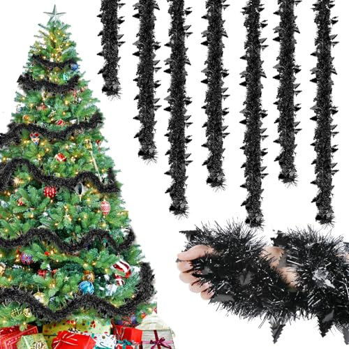 16M Lametta Weihnachtsbaum Schwarz, 8 Stück Weihnachtsdeko Girlande Lametta Schwarz Weihnachtsgirlande, Weihnachtsdekoration Hängende für Outdoor Geburtstagsparty Weihnachtsbaum Girlande Dekoration