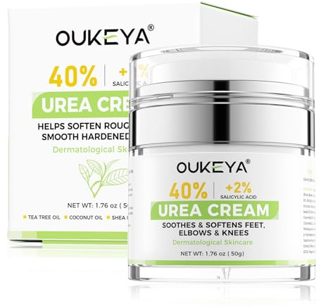 OUKEYA Crème d'Urée Nouvelle Formule, 40% Urée, Crème Pieds et Mains pour Talons Crevassés et Peau Sèche, Hydratante Réparatrice, Soin Anti-Callosités (50g)