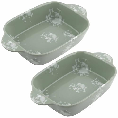 Ceramic Baking Dish Set of 2, Rectangular Dishes with Handles, Oven to Table Ideal for Lasagne Pie Casserole Tapas, Soft Green Reactive Glaze, 23 cm and 25 cm
