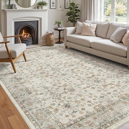 DEXI Teppich Wohnzimmer 183 x 274 cm, rutschfest Wohnzimmerteppich Waschbar Kurzflor Florales Design Bettvorleger Teppiche für Schlafzimmer, Esszimmer, Büro, Beige