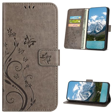 XINQCASE Handyhülle für Samsung Galaxy J6 2018 Hülle, PU Leder Prägung Klapphülle Mit Kartenfach, Flip Case Schutzhülle für Samsung J6 2018, Grau
