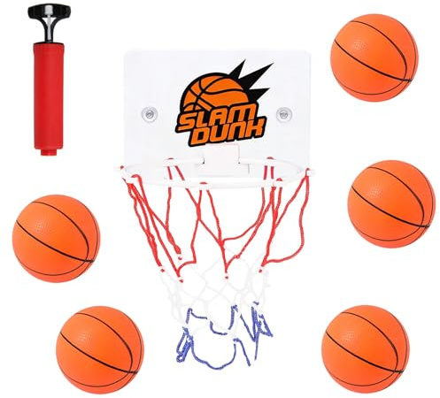 LIULINY 7 Stück Mini Basketballkorb fürs Zimmer, 1 Basketballkorb Indoor | 5 mini Basketball, Basketball Korb Indoor tür Mit Saugnapf Und 1 Luftpumpe, für Zimmer Bad, Geschenk für Kinder Erwachsene