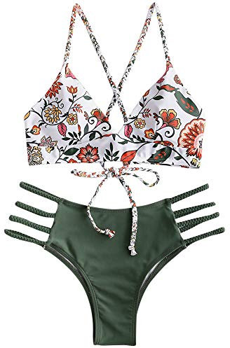 ZAFUL Damen Zweiteilig Bikini-Set mit Flechtgurt verstellbarem BH Push-Up Rücken, Triangle Einfarbig Badehose mit Blummenmuster (Grün-2, M)