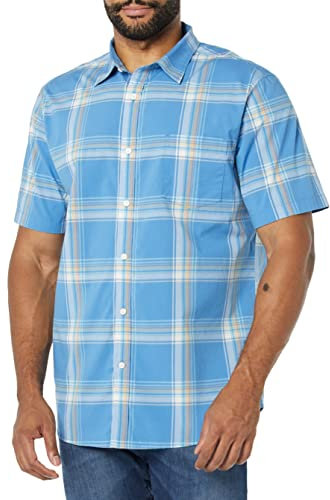 Amazon Essentials Men's Slim-Fit Short-Sleeve Poplin Shirt, Light Blue Orange Plaid, L