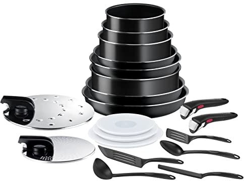 Tefal Ingenio Easy On - Juego de 4 Sartenes 22/24/26/28 cm + 3 Cazos 16/18/20 cm + Guisera 24 cm + 2 Mangos extraíbles + 10 Accesorios, No apto inducción, antiadherentes, sin PFOA