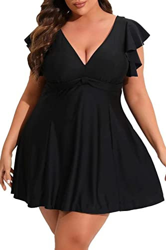 Smismivo Plus Size Swimwear for Women Sleeve One Piece Swim Dress Tummy Control Swimsuit Ruffle Swim Skirt Curvy Swimdress Full Coverage Swimming Costume (Black)