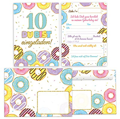 Minkocards 12 Einladungskarten incl. 12 Umschläge zum zehnten Kindergeburtstag 10. Geburtstag Mädchen Donuts bunte Einladungen zum Geburtstag Kinder Einladungsset