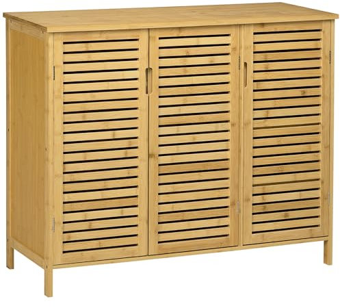 HOMCOM Meuble à Chaussures Armoire à Chaussures Style Naturel - 3 Portes ajourées et étagères en Bambou - dim. 100L x 35l x 80H cm Bois Naturel