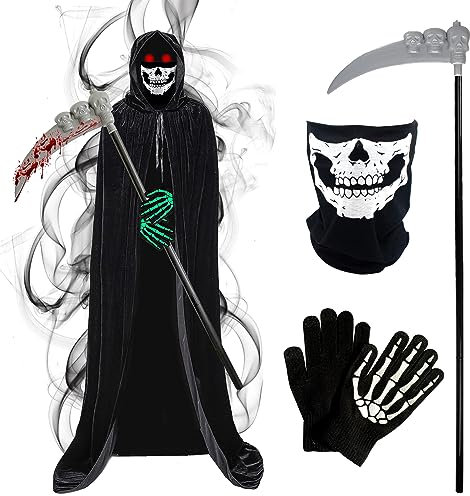 JOYUE Kostüm Sensenmann Halloween Kostüm Set, Halloween Sense Skelett Sichel Halloween Handschuhe Schädelmaske, Sensenmann Umhang Schwarz mit Kapuze für Erwachsene Halloween Cosplay Party,