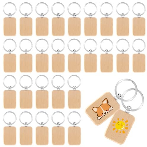 Dropfree 30 Stück Schlüsselanhänger, Schlüsselanhänger Beschriftbar Schlüsselanhänger Rohlinge DIY Personalisierter Schlüsselring Holzanhänger, Rechteck