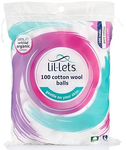 Lil-Lets Wattebällchen, 100 Stück, zertifiziert biologisch, 100% reine Baumwolle, superweich, große Wattepuffs, hautsympathisch, dermatologisch getestet