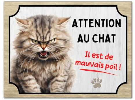 Plaque attention au chat il est de mauvais poil panneau pancarte humour chat en aluminium