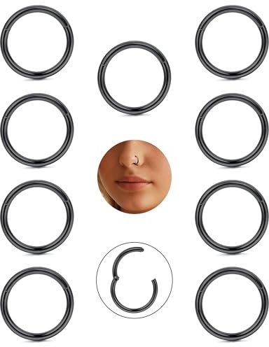 CASSIECA 9stk 16G Nasenpiercing Ring 316L Chirurgenstahl Nasenring Nostril Piercing Septum Ring Hoop Helix Conch Piercing Schwarz Clicker Knorpelohrring Lippenring 10mm