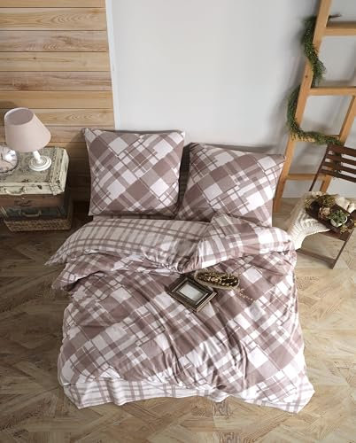 ZIRVEHOME Bettwäsche-Set 135x200 cm. 2 teilig, braun, 100% Baumwolle/Renforcé mit Reißverschluss atmungsaktiver Baumwolle Wende bettbezug kariert Gemustert Kissenbezug 80x80 cm. Vega V2