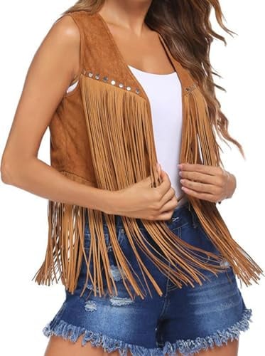TMTGTS Gilet pour femme avec pompons sans manches 1 pièce Gilet à franges aspect daim Veste courte à franges Hauts Gilet décontracté Vêtements d'extérieur Veste à paillettes Gilet Sparkle Open Fron