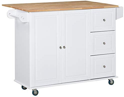 HOMCOM Carro de Cocina con Ruedas Isla de Cocina con 3 Cajones 2 Puertas Especiero Estante Ajustable y Barra de Colgar para Comedor 128,8x75,5x92,5 cm Blanco