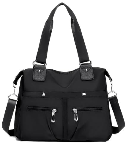 YALIZHNA Damen Wasserdichte Multi Pockets Nylon Handtasche Große Kapazität Schultertaschen (Schwarz)