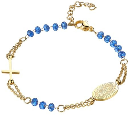Flongo Katholisches Rosenkranz Armband für Damen : Religiöses Armkette mit Kreuz Anhänger Blau Gold Perlen Jungfrau Maria Kette Edelstahl Gebet Glaube Schutz Armreif Virgin Mary